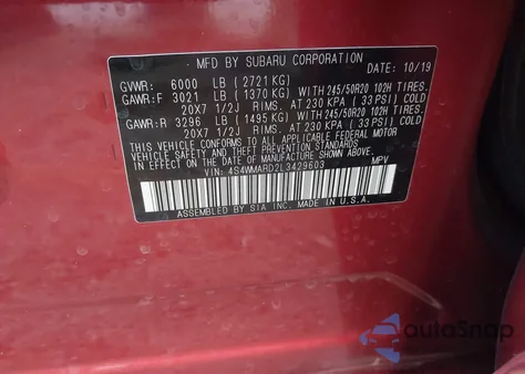 2020 Subaru Ascent Touring из США, поврежденный, VIN 4S4WMARD2L3429603